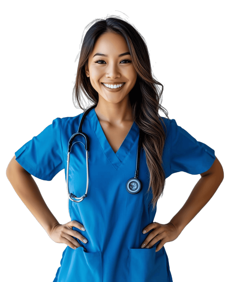 beautiful asian nurse smiling with hands hips solid white background health professional med e1731602587800